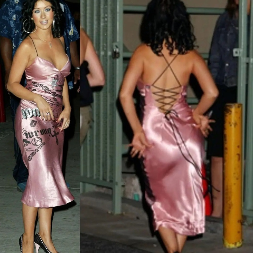 Miss Sixty Pink Backless Satin Dress worn by Christina Aguilara early 2000’s